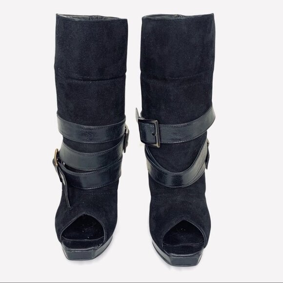 SEPALA BY MIHAELA GLAVAN BELTED THICK LEATHER SUEDE HEELED OPEN TOE  ANKLE BOOTS - Picture 4 of 14